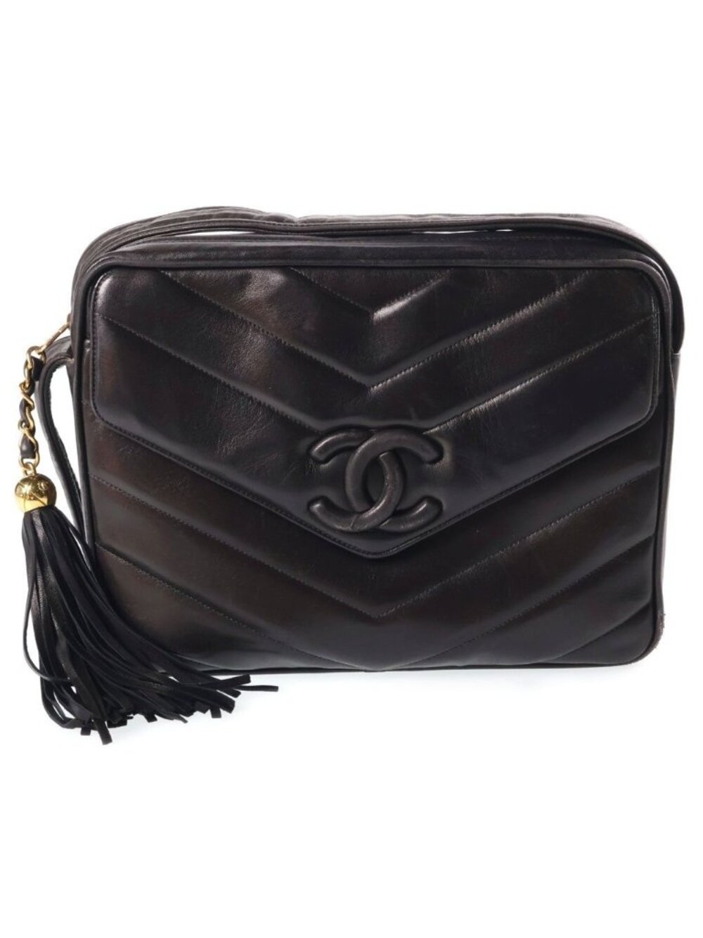 Chanel V-stitch Fringe Shoulder Bag Black Lambskin Gold
